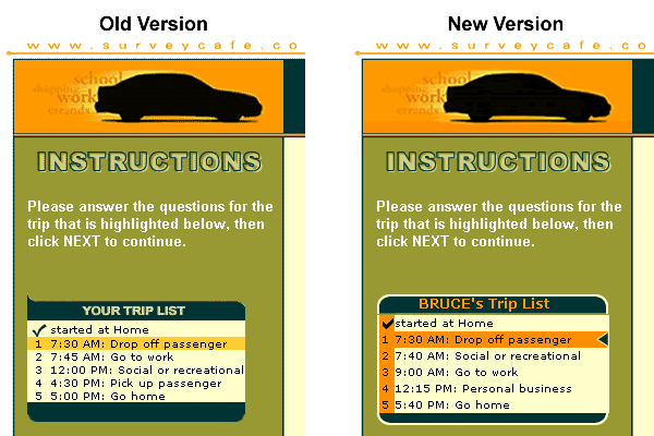 Instructions showing old version 
   for users trip list by time of day, and new version one with Name of Tripmaker.