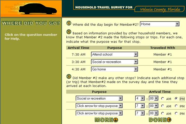 Description of where respondent plugs in where the trip begin for Member 2,with time, purpose, and who traveled with, as well as whether any recording other trips made.