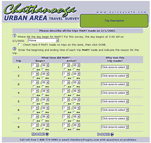 Page capture of Chattanooga web page showing when and where trip was made and when and where for each trip on the travel day, with selection of purpose to choose from.