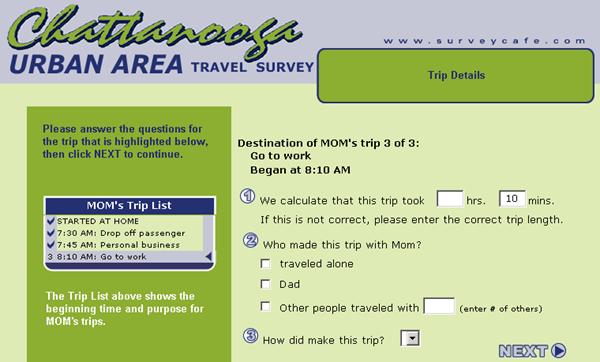 Chattanooga web page showing entry for time spent on trip, who made the trip with travel person, mode of trip, and beginning time of each trip.