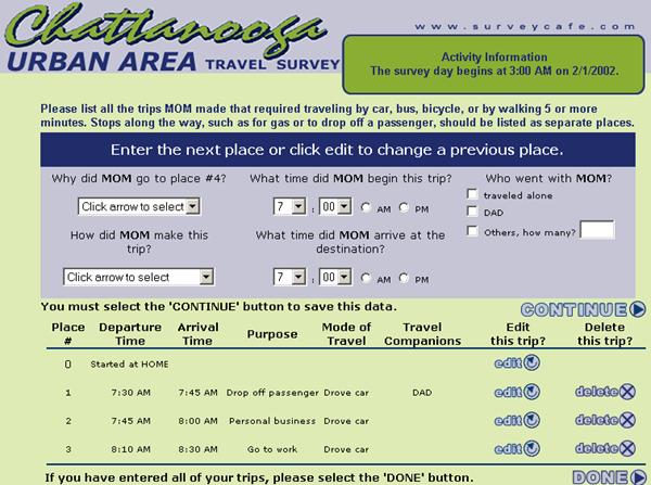 Page capture illustration of Chattanooga Travel Survey, showing list of all trips MOM made that required traveling by car, bus, bike, or walking 5 or more minutes, by Time of day (beginning trip and ending trip)