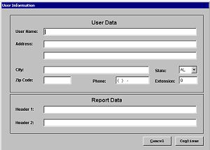 Graphic image of screen showing User Data input for User Name, Address, City, State, Zip code, Phone, and Report Data caption.