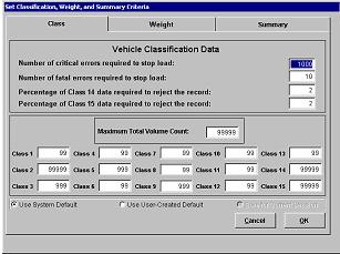 Screen showing vehicle classification data attributes, which allows user to use system default, or user created default.