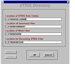 Screen of VTRIS Directory showing location of VTRIS data tables, summary files, work files,and location for receiving VTRIS files.