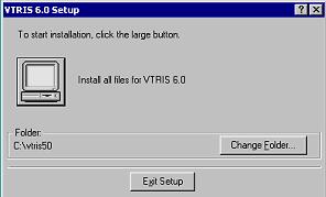 Screen to start installation by clicking the large button which installs all files for VTRIS60 to the Folder you choose.