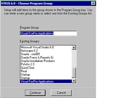Image shows setup will add items to the group shown in Program Group. You can enter a new group name or selected from the Existing Groups list.   Existing Groups include Netscape, Oracle, Real, etc.
