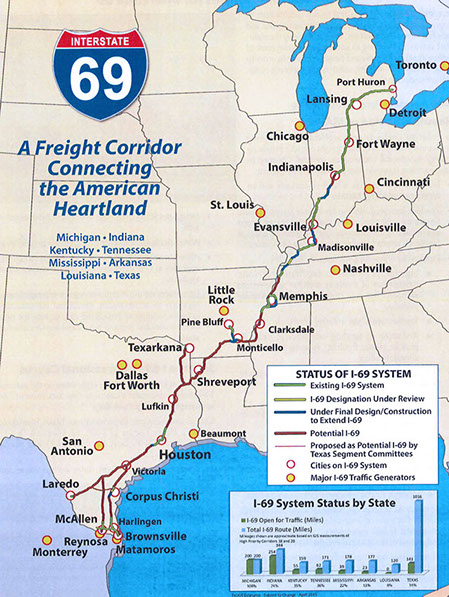 Map showing Interstate 69's entire route from Michigan to the Texas Gulf Coast