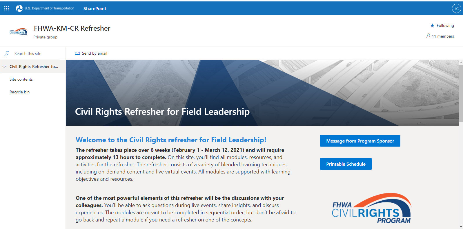 Screenshot of the Civil Rights Refresher for Field Leadership SharePoint site.