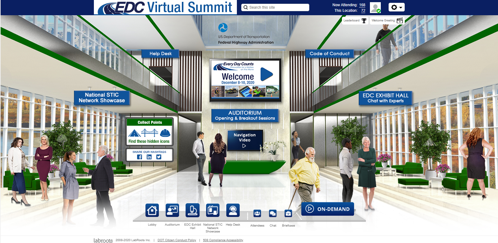 Screen shot of the EDC Virtual Summit Lobby, which includes a simulated lobby with people and directional signs for various portions of the EDC Virtual Summit.