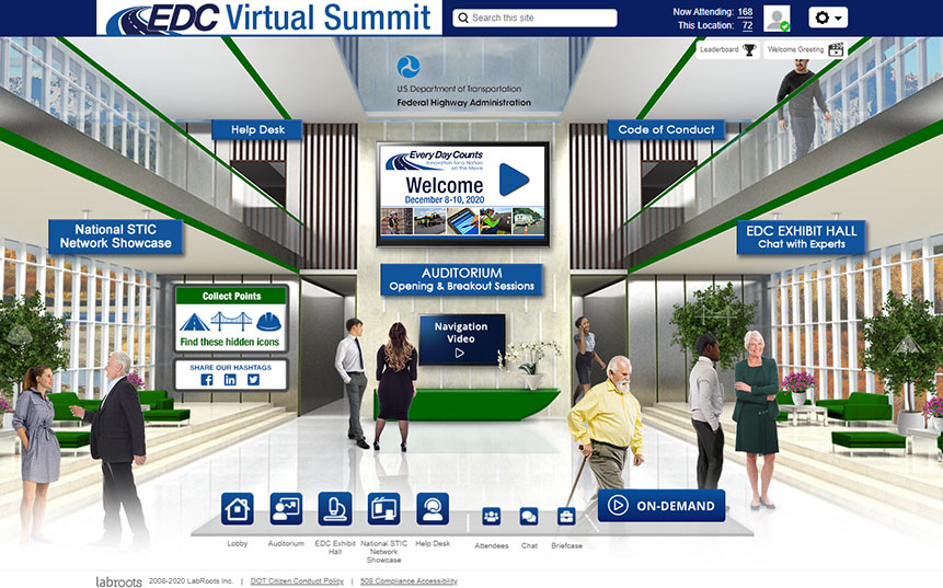 Screen shot of the EDC Virtual Summit Lobby, which includes a simulated lobby with people and directional signs for various portions of the EDC Virtual Summit.