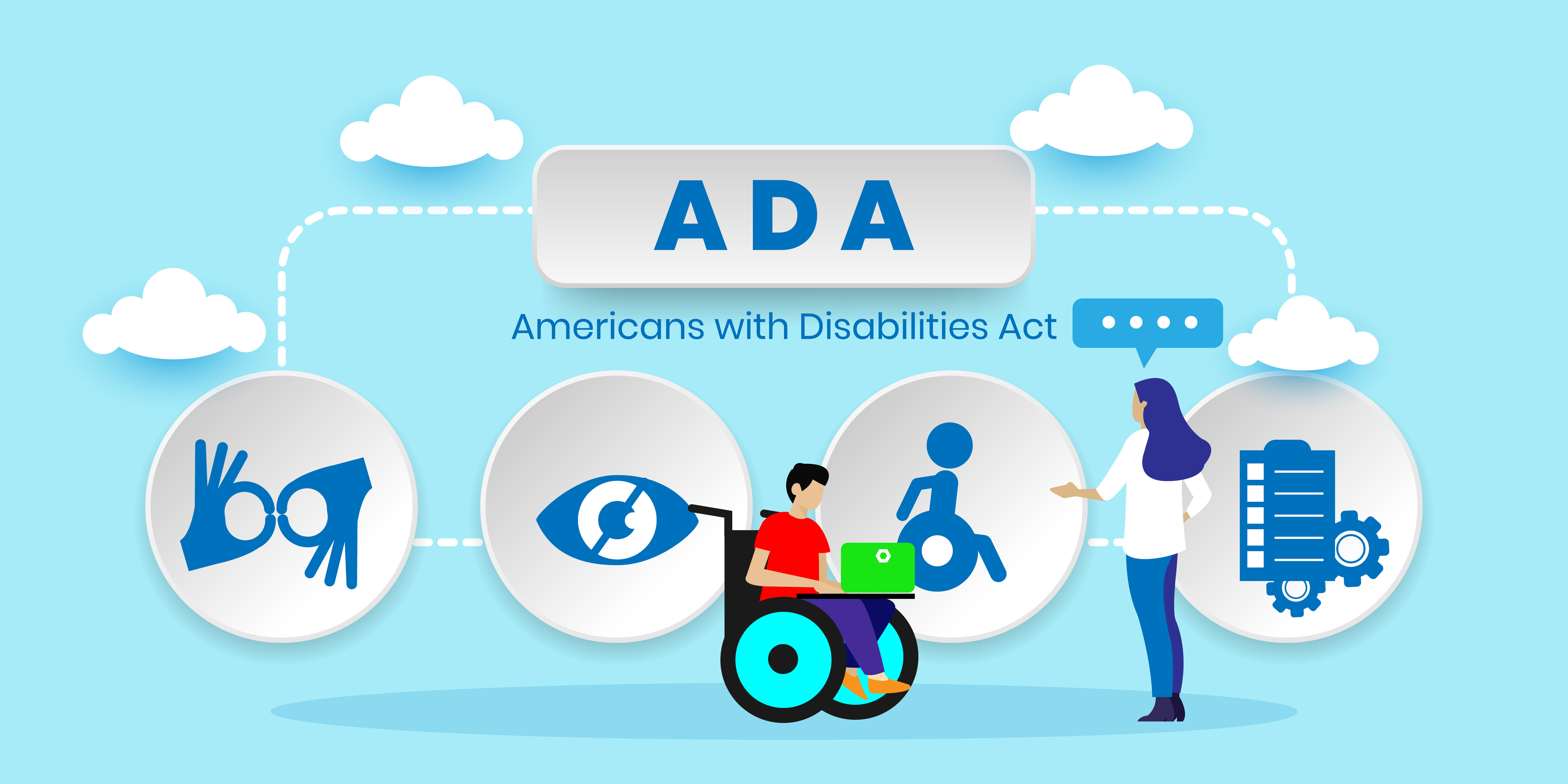 Graphic for the Americans with Disabilities Act with symbols for signing vision impairment, a person with a wheelchair.