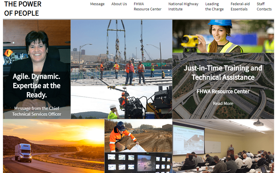 A photo of Amy Lucero, people working on a bridge project, a woman surveying a project, a truck on a highway, a man looking at plans at a work site, screens in a transportation operations center, and a group of people in a classroom setting.