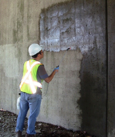 This image shows a worker topically applying a material onto a concrete wall using a handheld garden sprayer.