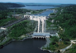Aerial photograph of a concrete dam in Ontario called the Lower Notch Dam