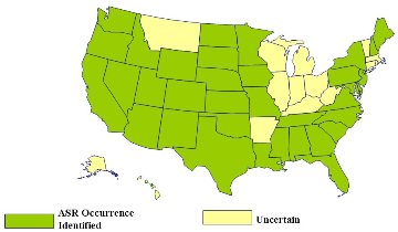 Occurences of ASR in the United States (from 1994 FHWA Showcase Workshop on ASR. This picture shows a map of the United States, including Hawaii and Alaska, along with a legend at the bottom of the image. The legend consists of a green rectangle with text that reads "ASR Occurrence Identified" and a yellow rectangle that reads "Uncertain". All the states are colored green except for Montana, Wisconsin, Michigan, Illinois, Indiana, Ohio, Kentucky, West Virginia, Vermont, Massachusetts, Connecticut, Rhode Island, Arkansas, Hawaii and Alaska.
