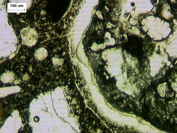 Figure 3. Thin section of concrete showing crack lined with alkali-silica reaction gel. This image shows a microscopic view of a concrete samples with white round shaped particles around the image, a large white curved line running through the center of the picture, and a green-black background.