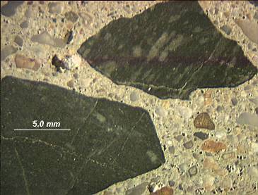 Figure 4. Polished slab from concrete pavement showing expansive cracking of coarse aggregate particles. This image shows a closeup view of a concrete surface with two large dark colored aggregates surrounded by smaller different colored aggregates. The two large dark colored aggregates show thin cracks running through them.