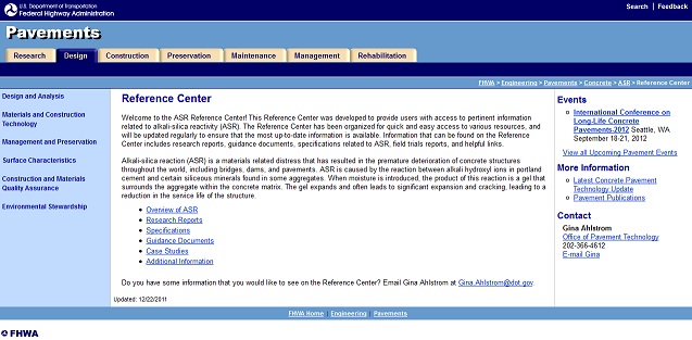 This image shows a screenshot of the ASR Reference Center page on the FHWA website. The page shown displays a table of contents, upcoming events, contact information and various links to other content located on the website.