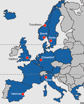 This image shows a map of Europe and indicates the cities containing field sites with a red dot. Cities noted include Trondheim, Brevik, Boras, Watford, Düsseldorf, Milan and Valencia.