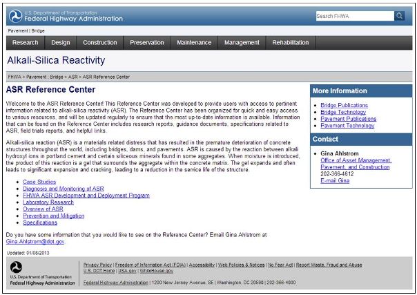 This figure shows a screen shot of the ASR Reference Center on the FHWA website.