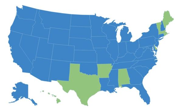 This figure is a map of the United States and highlights the nine states where field application and demonstration projects have been administered. The states include Alabama, Arkansas, Delaware, Hawaii, Massachusetts, Maine, Rhode Island, Texas, and Vermont.