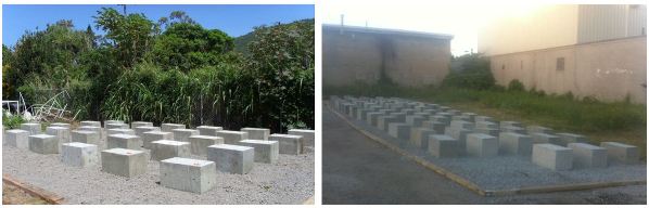 This figure contains two photos of outdoor exposure sites containing large concrete blocks. One photo shows the Hawaii DOT exposure site, the other shows the Massachusetts DOT exposure site.