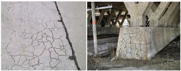 This figure contains two of the many photos contained in the FHWA ASR Field Identification Handbook. One photo shows extrusion of joint–sealing material between adjacent sections of concrete pavement, the other photo shows very severe cracking of column foundation in bridge.