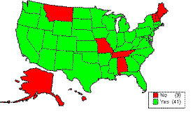 US map showing which states answered yes or no to recycling concrete as an aggregate. ME, NH, VT, AL, TN, MO, HI, AK, and MT answered no. Rest of states answered yes