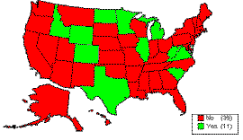 US map showing which states answered yes or no to PCC aggregate. WV, VA, SC, MI, IL, WI, ND, ID, WY, CO, and TX answered yes. Rest of states answered no.