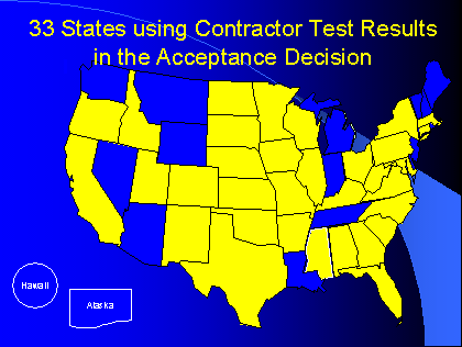 States using contractor test results in the acceptance decision. The states not using the results are ME, NH, VT, NJ, MI, IN, TN, LA, MT, WY, WA, NV, AZ, AK, and HI