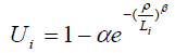 U sub I equals 1 minus alpha times e raised to the quantity minus (rho divided by L sub i) raised to Beta.