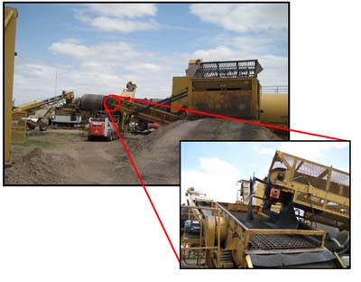 Above, the RAP bin of a mobile HMA plant in Oakley, KS is shown. To the right, is the screen used to prevent large RAP particles from entering the mixture.