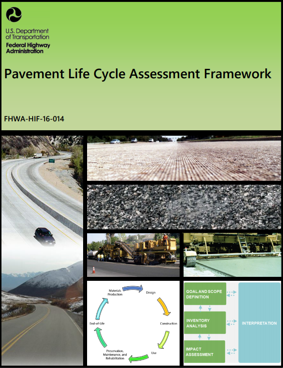 The cover of FHWA's Pavement Life Cycle Assessment Framework, including images of pavements and life cycle depictions, is shown. The publication number is FHWA-HIF-16-014.