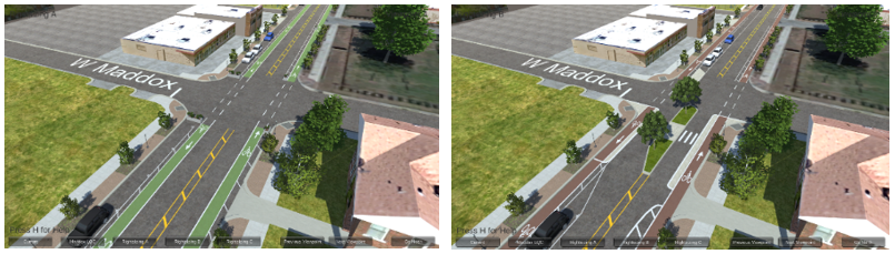 Before and After Visualization renderings. The image on the left shows an intersection before design elements are added and the image on the right shows the intersection after design elements are added, including a median strip and pavement markings.