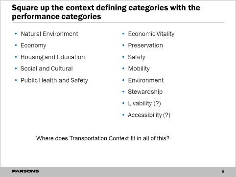 Screen shot of a PowerPoint slide entitled 'Square up the context defining categories with the performance categories.' Bullet items in the left column are: Natural Environment, Economy, Housing and Education, Social and Cultural, Public Health and Safety. Bullet items in the right column are: Economic Vitality, Preservation, Safety, Mobility, Environment, Stewardship, Livability (?), Accessibility (?). Text at the bottom of the figure reads 'Where does Transportation Context fit in all of this?'
