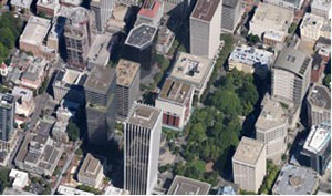 Tall city buildings.
