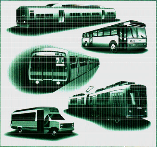 Picture of several buses and trains.