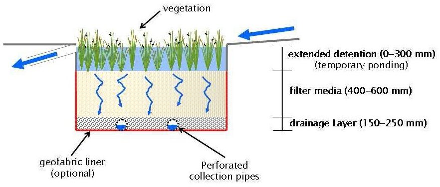 Diagram showing raingarden components. Vegetation is at the top. Three layers are identified as follows based on depth: extended detention (0-300mm) (temporary ponding); filter media (400-600mm); drainage layer (150-250mm). There is an optional geofabric liner and perforated collection pipes are shown a the bottom of the raingarden.