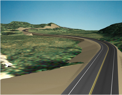 Camera-based rendering of a curved road winding through mountains.