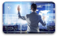 Photo of man with hands on touchscreen wall