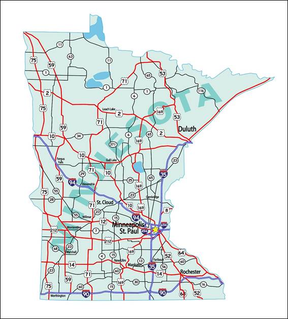 Highway map of Minnesota showing location of cases study facility in Shakopee.