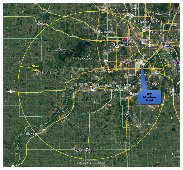 Map showing highways, cities, and land use within a 20-mile radius of Amazon Fulfillment Center in Shakopee. Location of MSP International Airport is also indicated.
