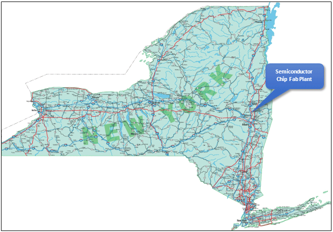 Highway map of New York State indicating location of semiconductor chip fabrication plant in Malta, NY.