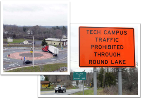 Two photos. The left-hand photo shows traffic navigating the new roundabout at the intersection of the Round Lake Bypass with NY Route 67 and Interstate 87. The right-hand photo shows an information sign with language directing GlobalFoundries traffic away from a residential area.