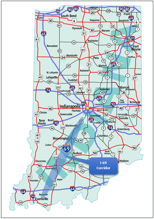 Highway map of Indiana, indicating the I-69 corridor location between Indianapolis and Evansville.