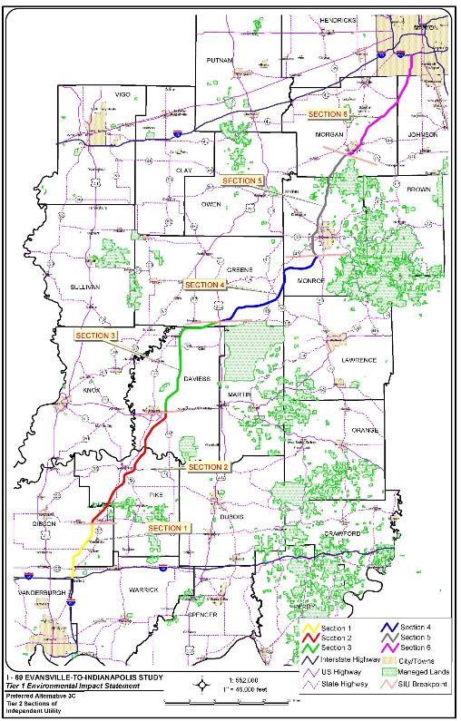 Map of southwestern Indiana showing the six individual sections of the I-69 route from Evansville to Indianapolis.
