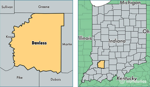Two maps depicting the location of Daviess County, Indiana, within the southwestern part of the State.