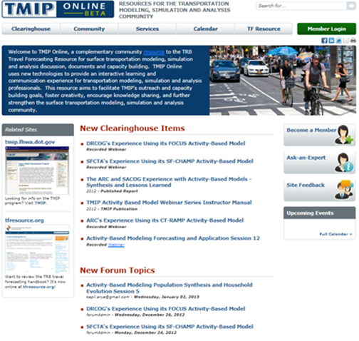 Title: Figure 2: TMIP Online Community of Practice - Description: Figure 2 provides a screenshot of the TMIP Online Community of Practice website homepage. The website is broken down into the following separate page categories: Clearinghouse, Community, Services, Calendar, and IT Resources. The following links are also provided on the home page of the COP: Member Login, Become a Member, Ask an Expert, Site Feedback, Related Sites upcoming Events, New Clearinghouse Items, and New Forum Topics.