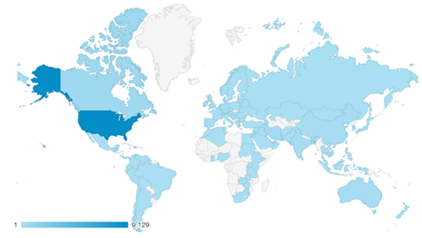 Title: Figure 4: TMIP|COP Page Visits by Country - Description: Figure 4 uses a map to summarize the TMIP visits by country during the reporting period. The United State, appearing in the darkest shade of blue, experienced the largest number of visits with a total of 9,129. The shade of blue designates the number of visits, and using this scale the map shows that the COP site experienced visitors from significant portions of North American, South America, Europe, Australia, Asia and east Africa. 