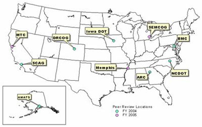 Map that highlights the locations of 2004 and 2005 peer reviews.